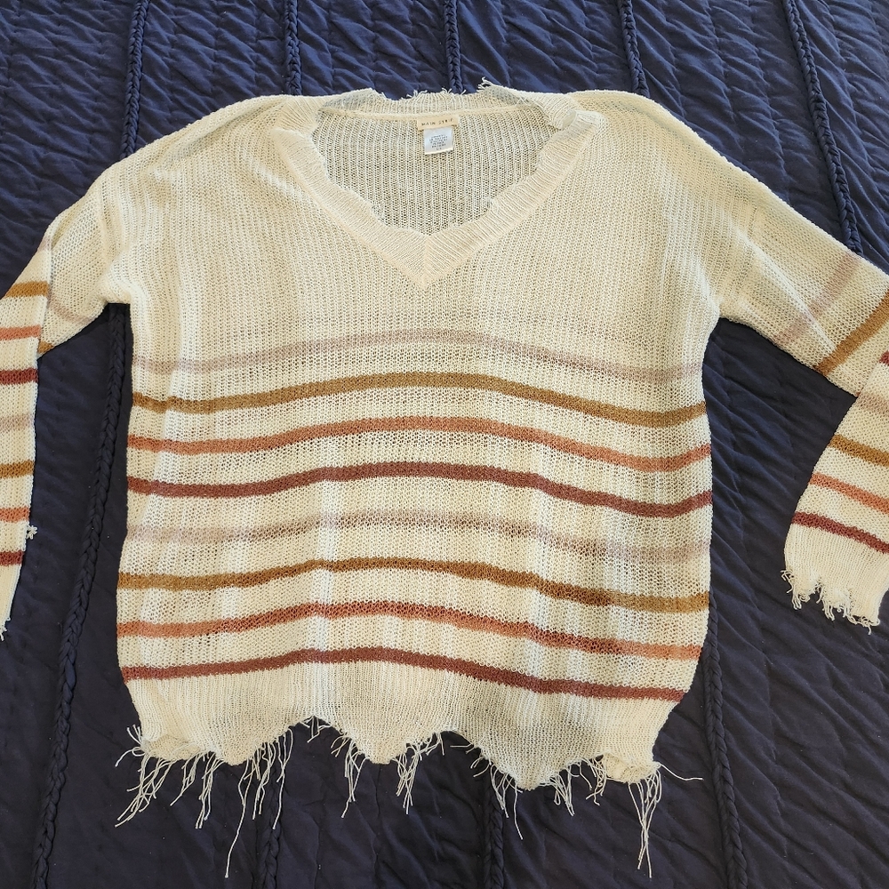 Main Strip Cream and Brown Striped V-Neck Sweater